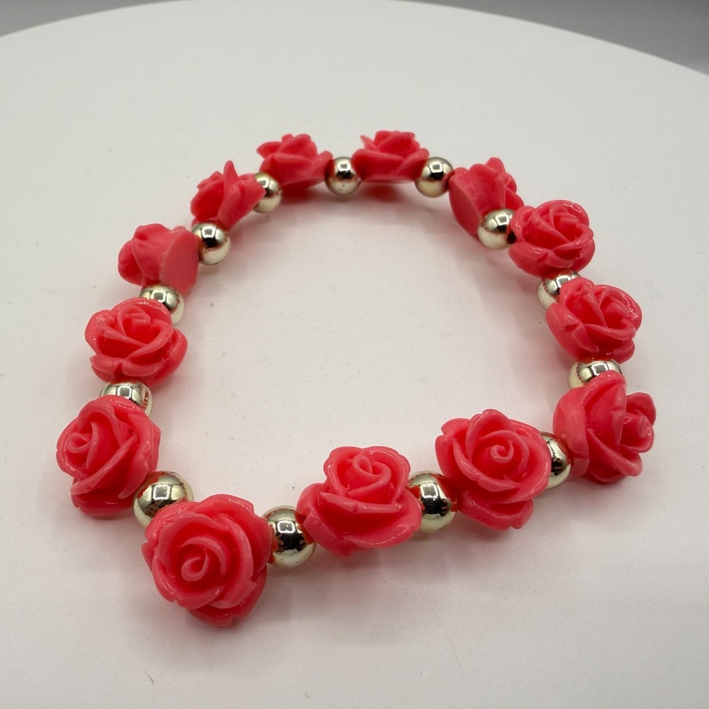 Pink Rose Floral Stretch Bracelet Silver Tone Coquette Romantic Statement Gift